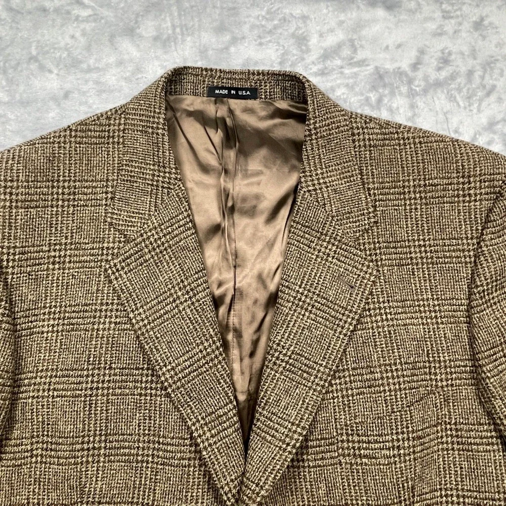 VTG Joseph Abboud Nordstrom Blazer Mens Brown Glen Plaid Wool Made in USA 46R